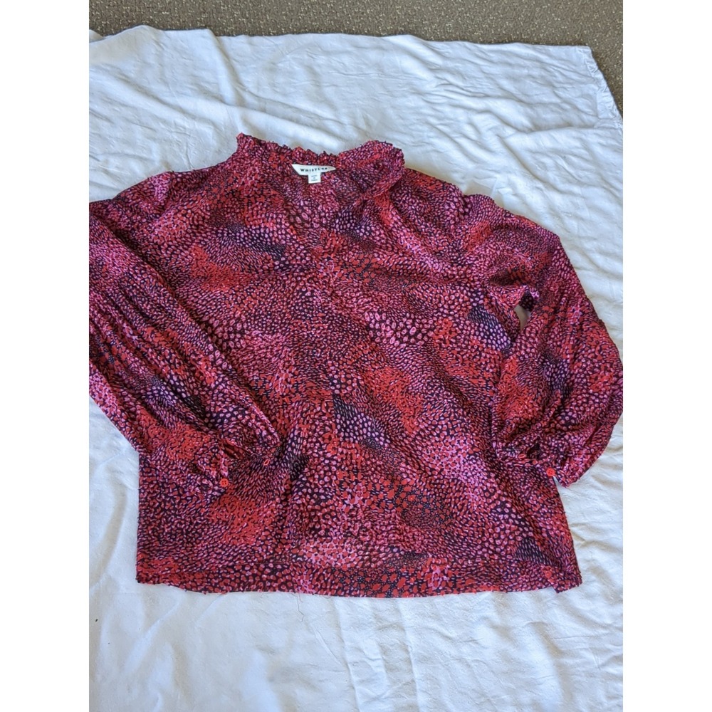 Whistles Abstract Animal Print Sheer Blouse Top Red Pink Sz 4 Long Sleeve V Neck